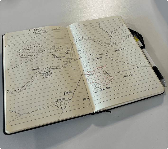 Notebook containing notes from London Detour field testing